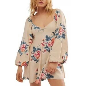 Free People Large Mini Dress Francesca‎ Ivory Peach Bubble Sleeve Floral Blue